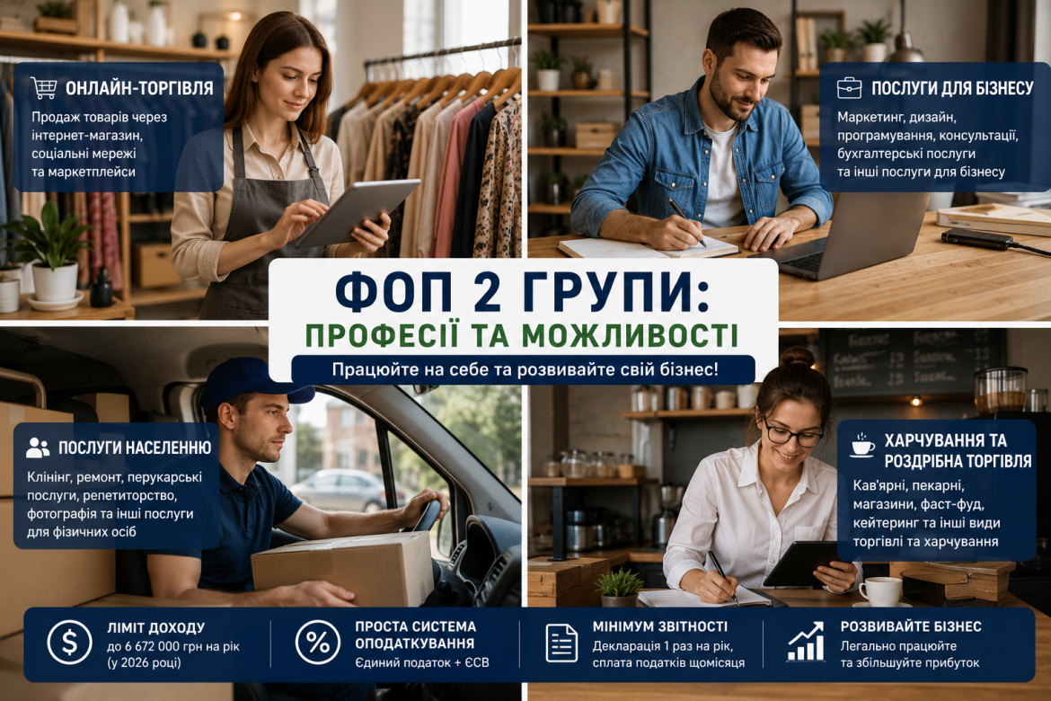 Колаж з чотирьох видів діяльності ФОП 2 групи: онлайн-торгівля, послуги для бізнесу, послуги населенню та харчування і роздрібна торгівля