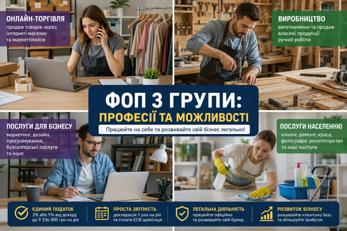 Колаж з чотирьох видів діяльності ФОП 3 групи: онлайн-торгівля, виробництво, послуги для бізнесу та послуги населенню