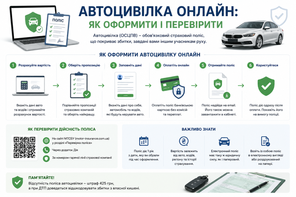 Інфографіка з шістьма кроками оформлення поліса автоцивілки онлайн та способами його перевірки