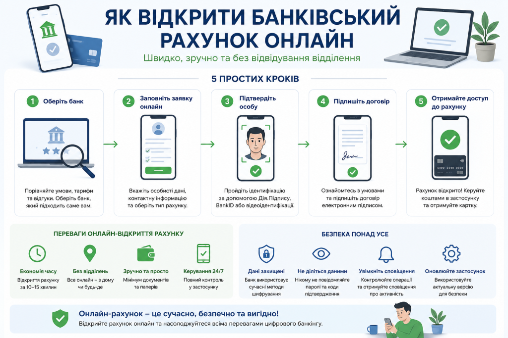 Інфографіка з 5 кроками відкриття банківського рахунку онлайн