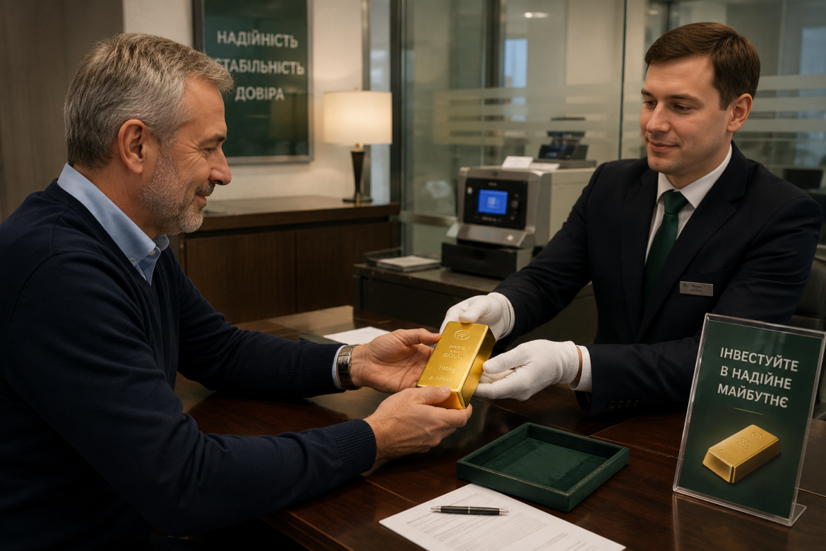 Клієнт отримує золотий зливок від працівника банку в офісі