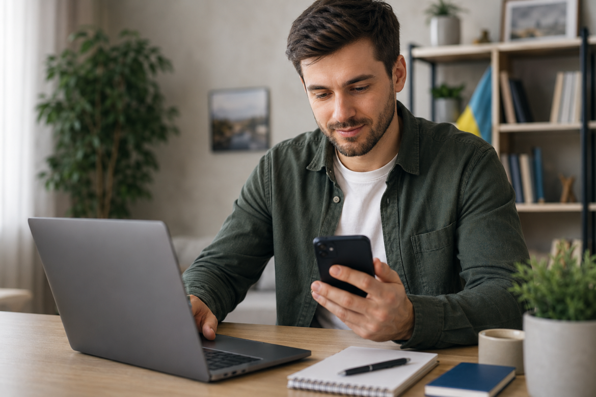 Чоловік за ноутбуком і смартфоном оформлює купівлю державних облігацій онлайн