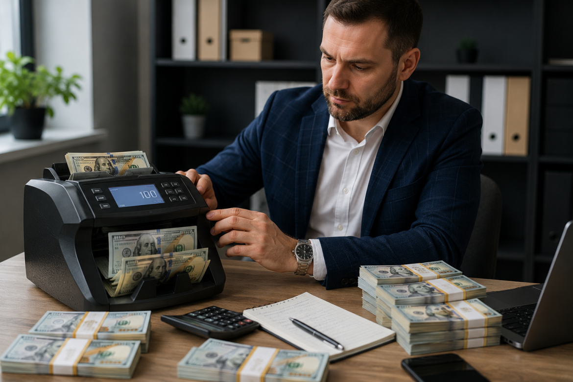 Бізнесмен перераховує готівку за допомогою лічильника банкнот, формуючи фінансову подушку безпеки.