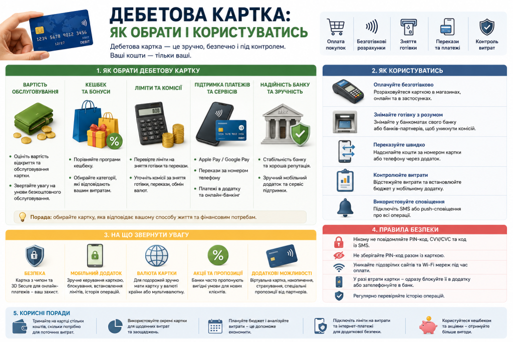 Інфографіка про вибір дебетової картки, способи використання та правила безпеки