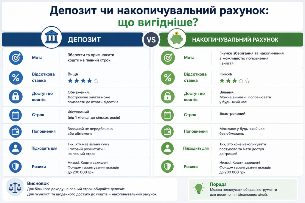 Порівняльна таблиця депозиту та накопичувального рахунку за ставкою, строком та доступом до коштів