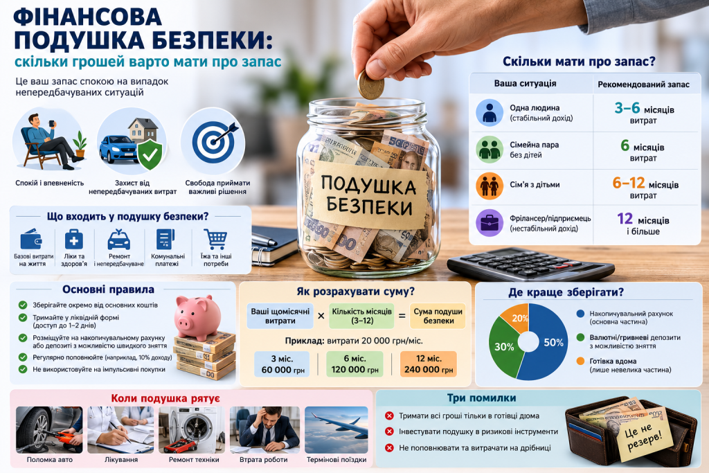 Інфографіка про фінансову подушку безпеки, рекомендований розмір резерву, правила накопичення та способи зберігання коштів.