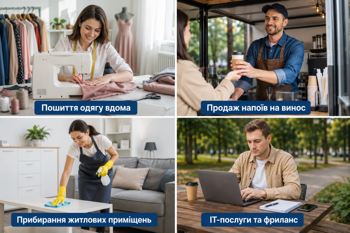Колаж із чотирма прикладами діяльності ФОП 1 групи: пошиття одягу, продаж напоїв, прибирання та IT-послуги