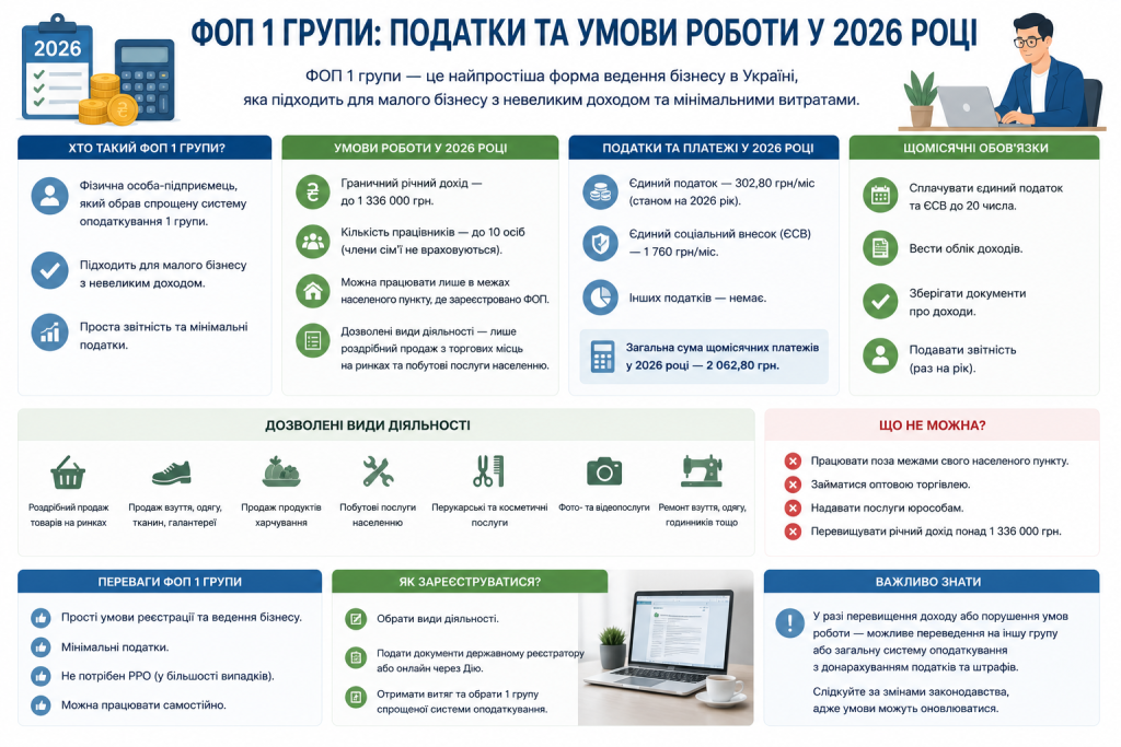 Інфографіка з умовами роботи, податками та дозволеними видами діяльності ФОП 1 групи