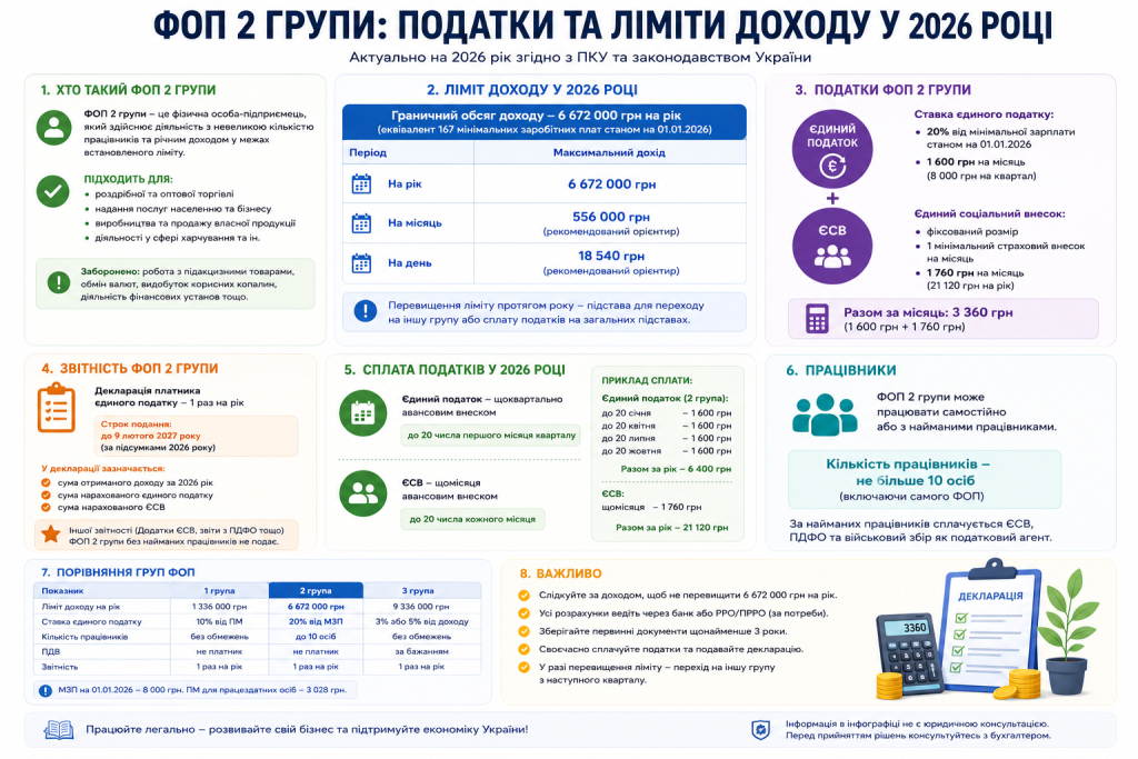 Інфографіка про ФОП 2 групи: ліміт доходу 6 672 000 грн, ставки єдиного податку та ЄСВ, звітність і порівняння груп ФОП у 2026 році
