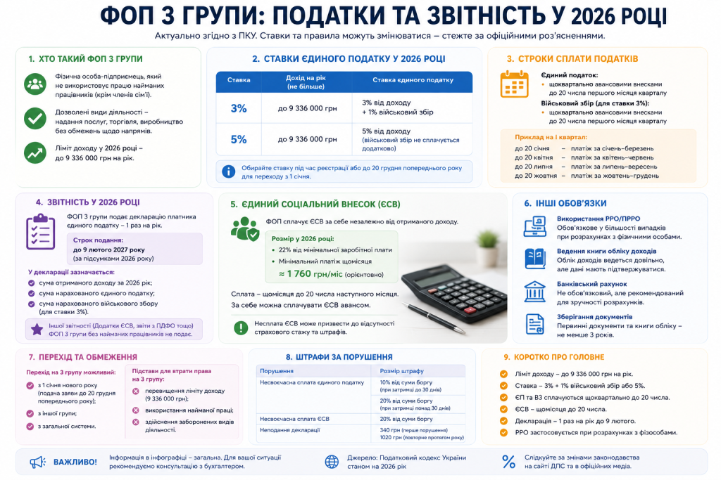 Інфографіка про ФОП 3 групи: ставки єдиного податку, строки сплати, ЄСВ, звітність, штрафи та обов'язки у 2026 році