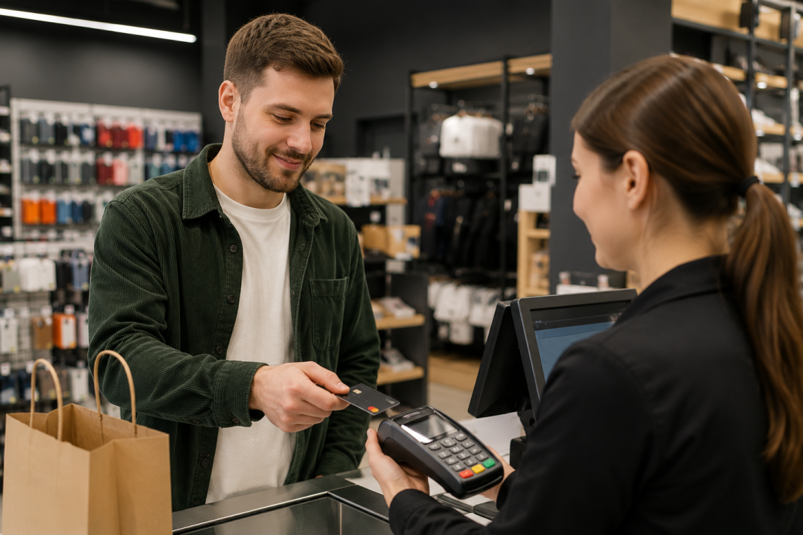 Покупець розраховується дебетовою банківською карткою через POS-термінал