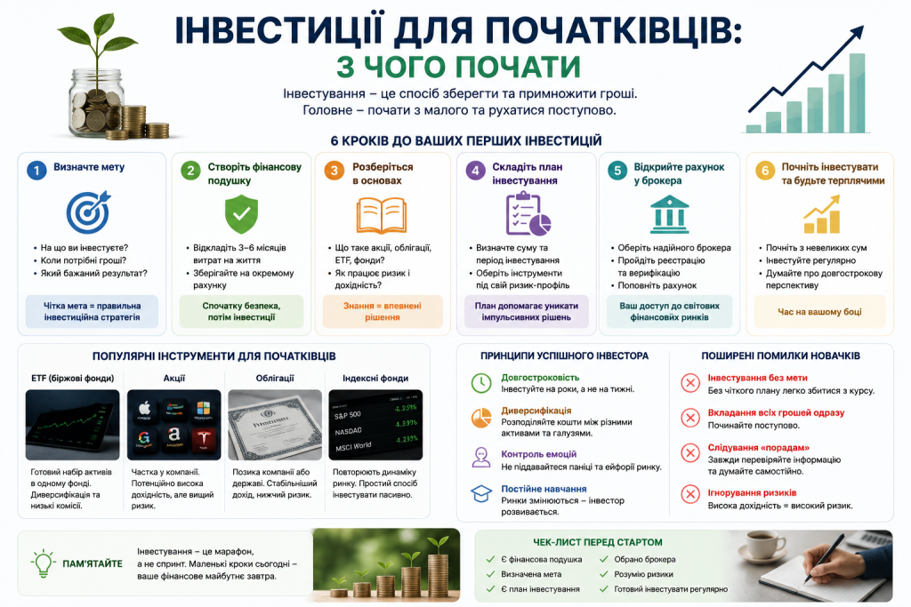 Інфографіка з 6 кроками до перших інвестицій для початківців