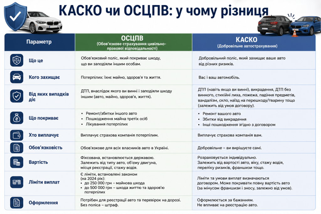 Інфографіка з порівнянням КАСКО та ОСЦПВ за покриттям, вартістю та умовами оформлення