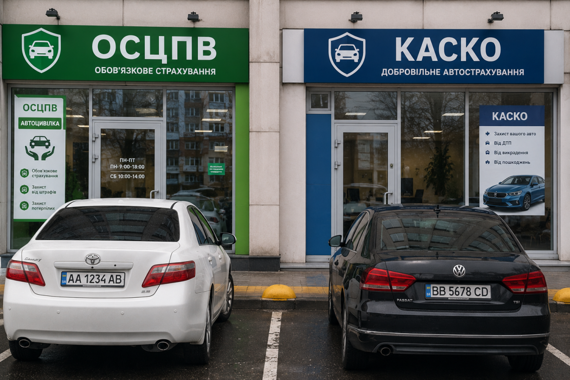 Два страхових офіси ОСЦПВ та КАСКО поруч з автомобілями на парковці перед ними