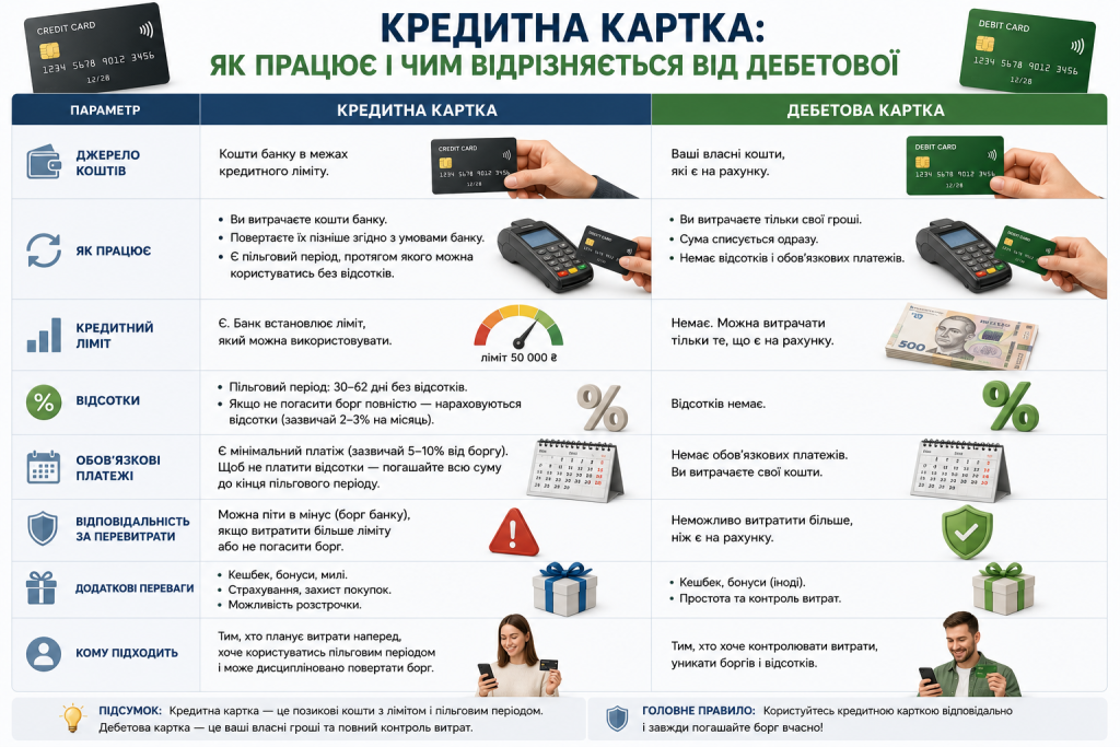 Інфографіка з порівнянням кредитної та дебетової картки, їх особливостей і переваг