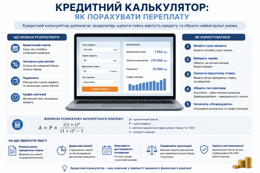 Інфографіка з поясненням роботи кредитного калькулятора та формулою розрахунку переплати
