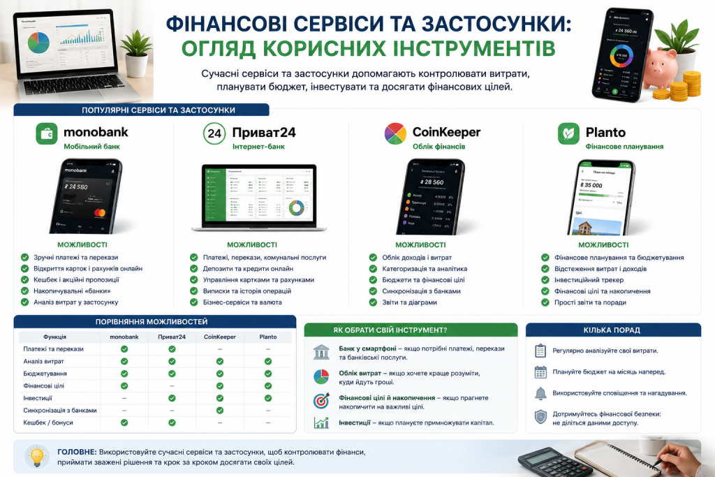 Порівняльна таблиця можливостей популярних фінансових застосунків monobank, Приват24, CoinKeeper і Planto