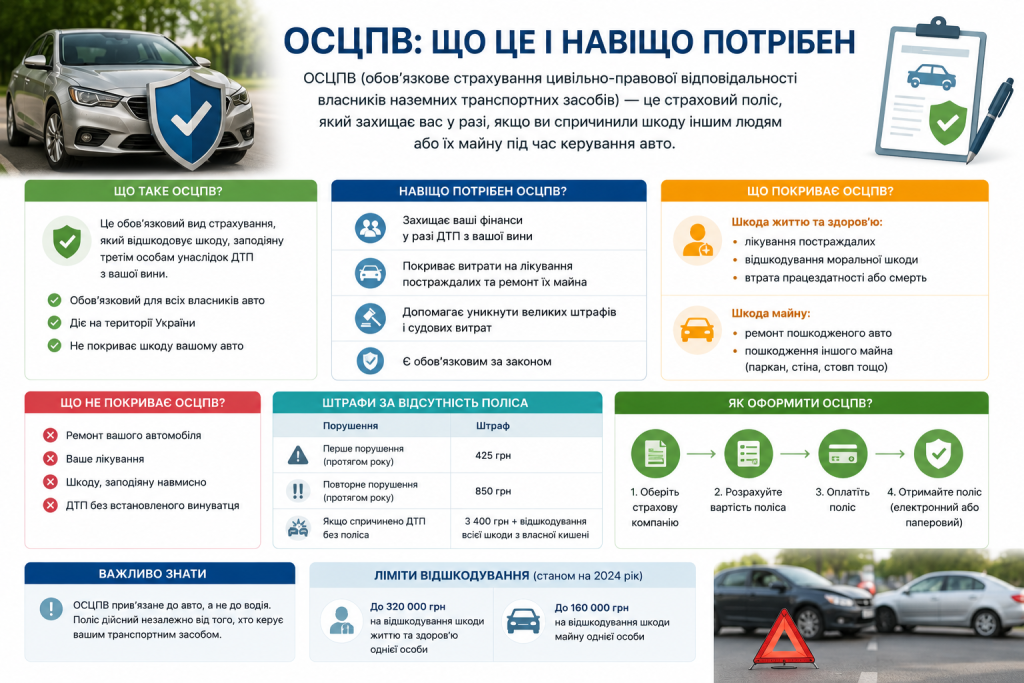 Інфографіка з поясненням ОСЦПВ, що покриває поліс та як його оформити