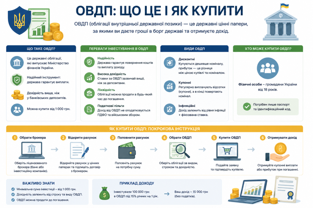 Інфографіка з перевагами ОВДП та покроковою інструкцією їх придбання