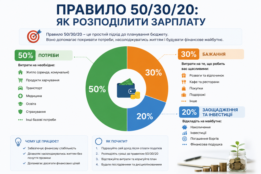 Інфографіка з розподілом бюджету за правилом 50/30/20 на потреби, бажання та заощадження