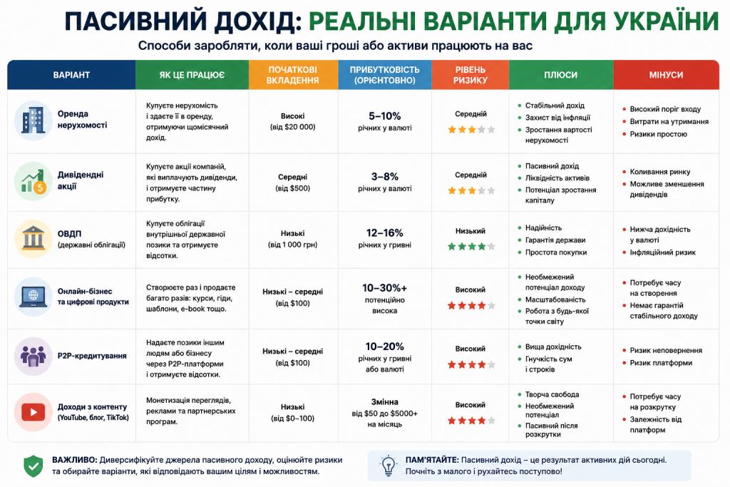 Порівняльна таблиця варіантів пасивного доходу в Україні за прибутковістю та рівнем ризику