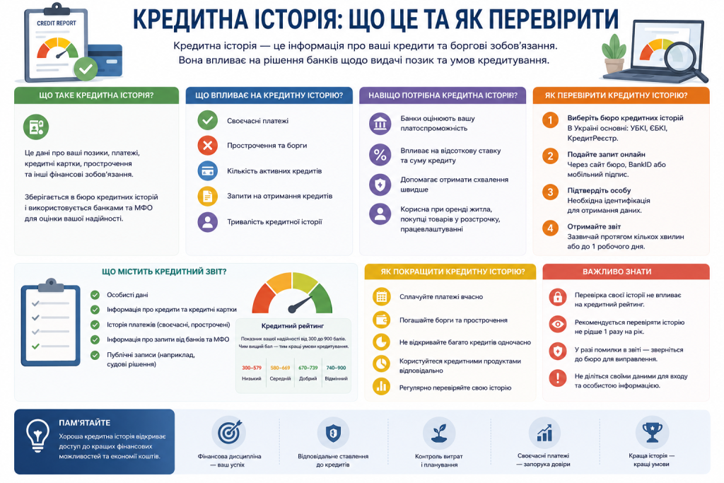 Інфографіка з поясненням кредитної історії, кредитного рейтингу та способів її перевірки