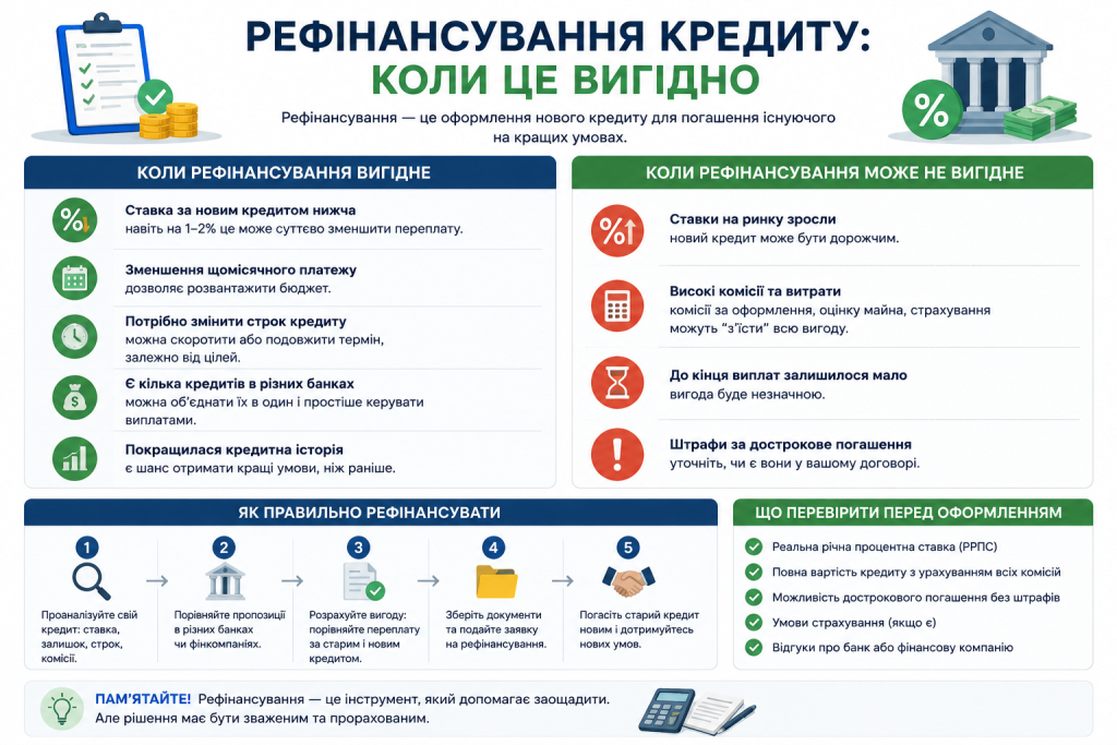 Інфографіка з умовами вигідного рефінансування кредиту та покроковою інструкцією