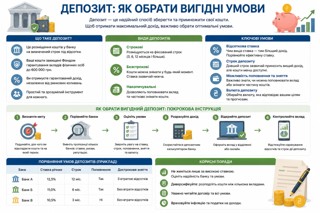 Інфографіка з видами депозитів, ключовими умовами та порівнянням ставок різних банків