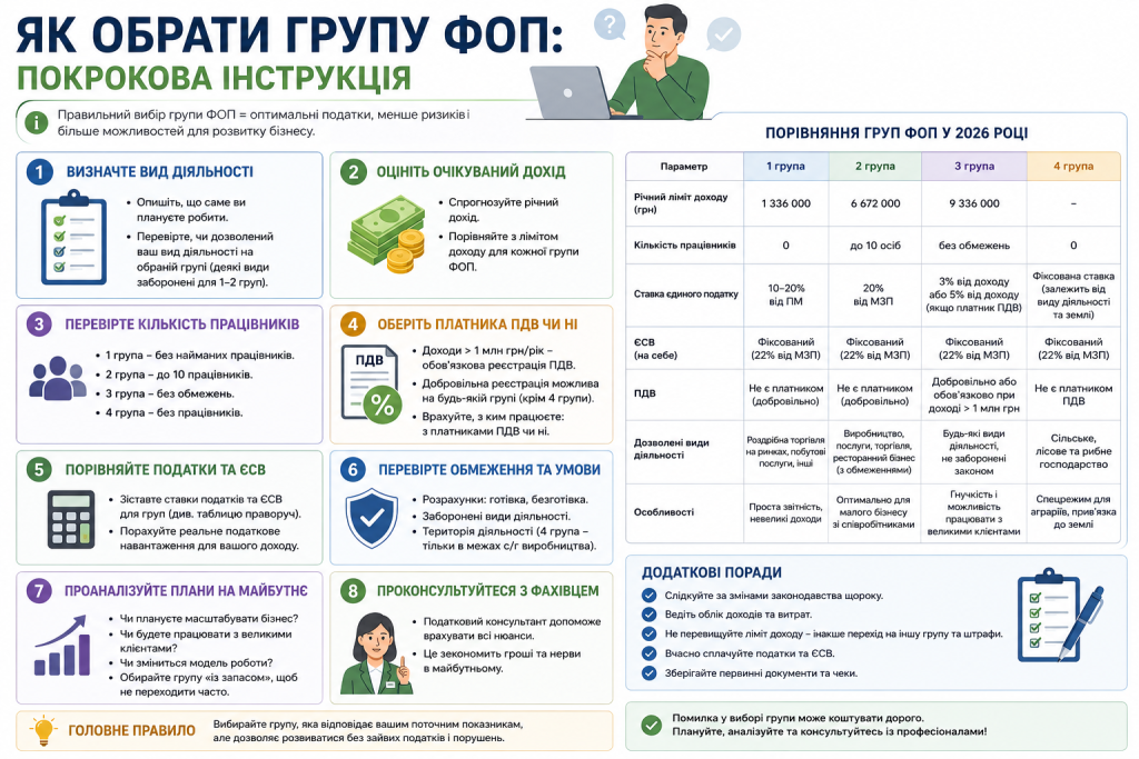 Інфографіка з рекомендаціями щодо вибору групи ФОП, порівнянням умов, лімітів доходу та податкових особливостей.
