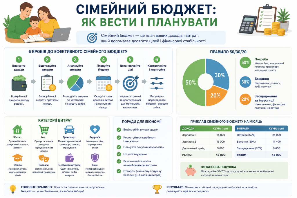 Інфографіка з шістьма кроками ведення сімейного бюджету та правилом 50/30/20