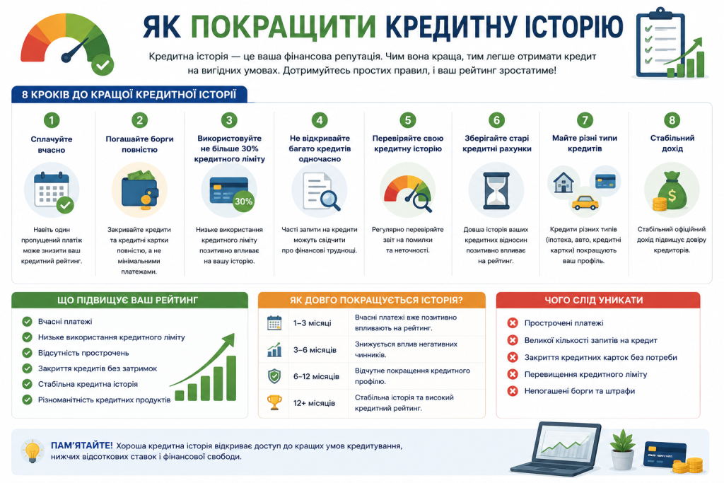 Інфографіка з восьми кроків покращення кредитної історії та термінами їх дії