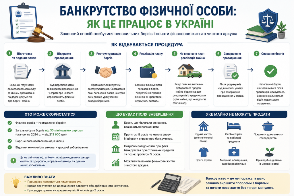 Інфографіка із семи етапів процедури банкрутства фізичної особи в Україні
