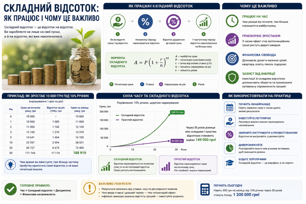 Інфографіка про складний відсоток із формулою, прикладом розрахунку та графіком зростання інвестицій.