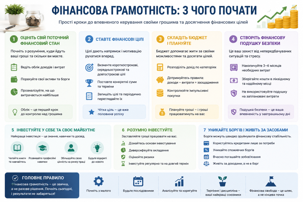 Інфографіка із семи кроків розвитку фінансової грамотності від обліку витрат до інвестування