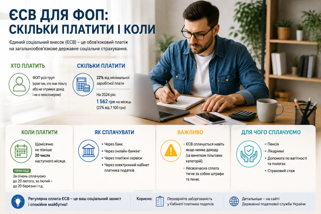 Інфографіка про сплату ЄСВ для ФОП із поясненням розміру внеску, строків оплати, способів сплати та призначення соціального страхування.