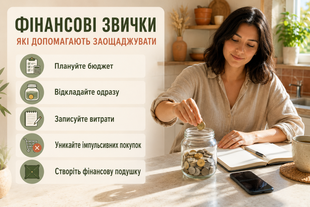 Інфографіка про корисні фінансові звички для економії грошей, планування бюджету та створення заощаджень