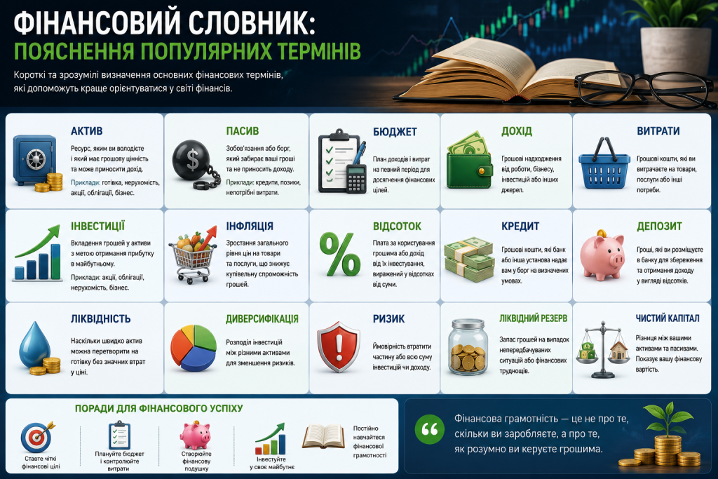 Інфографіка з поясненням основних фінансових термінів: актив, пасив, бюджет, дохід, кредит та депозит