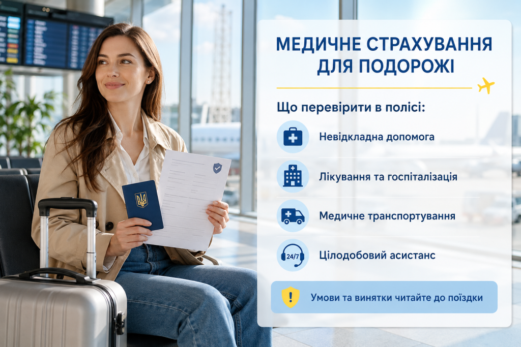 Інфографіка про медичне страхування для подорожі, невідкладну допомогу, госпіталізацію, транспортування та асистанс