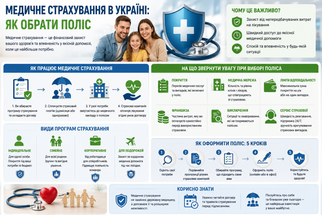 Інфографіка про медичне страхування в Україні, види програм та правила вибору страхового поліса