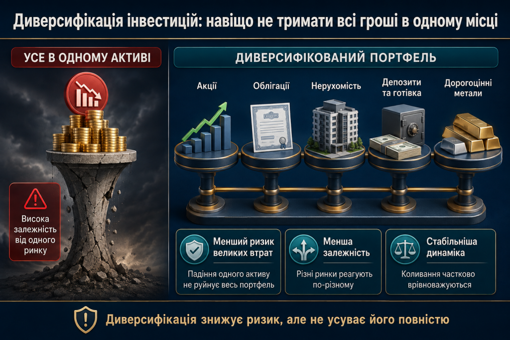 Інфографіка про диверсифікацію інвестицій між акціями, облігаціями, нерухомістю, депозитами та дорогоцінними металами.