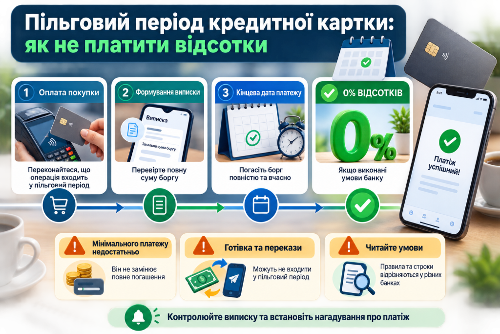 Інфографіка про пільговий період кредитної картки, строки погашення заборгованості та умови використання кредитних коштів без відсотків.