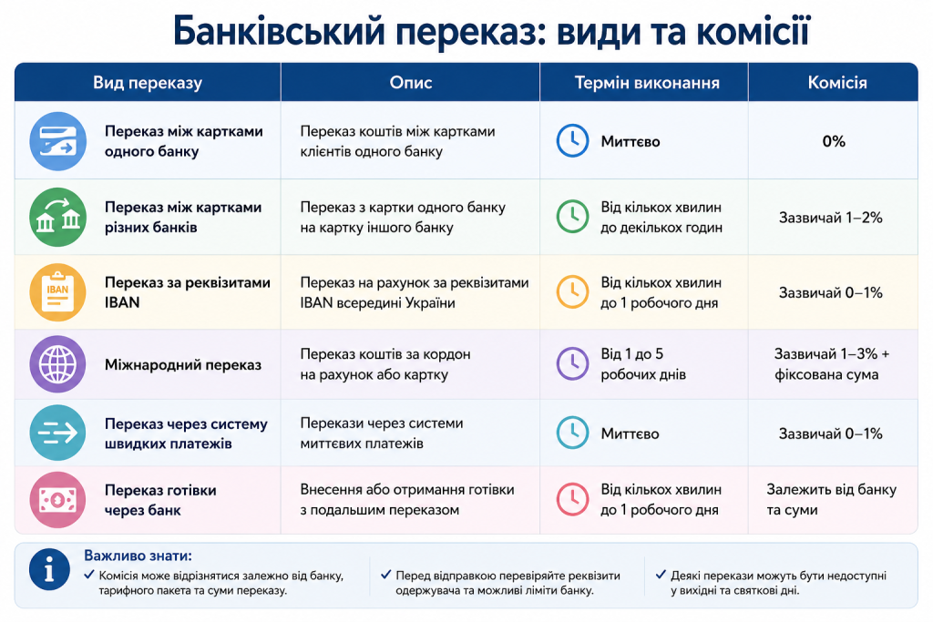 Таблиця з основними видами банківських переказів, строками виконання та орієнтовними комісіями.