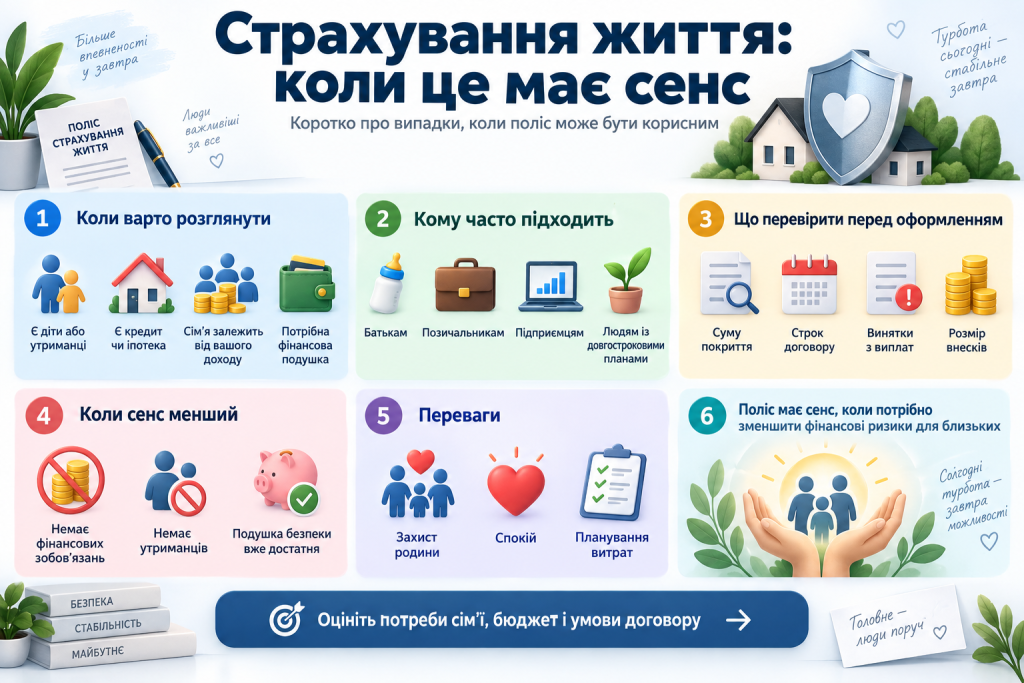 Інфографіка про страхування життя, випадки, коли поліс може бути корисним, його переваги та умови оформлення.