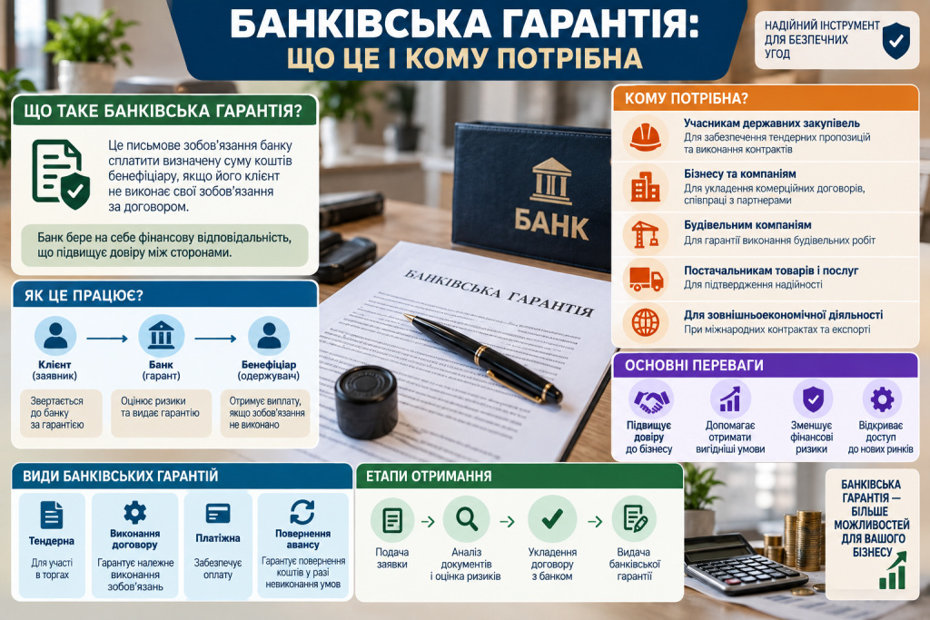 Інфографіка про банківську гарантію, принцип роботи, основні види, переваги та етапи отримання