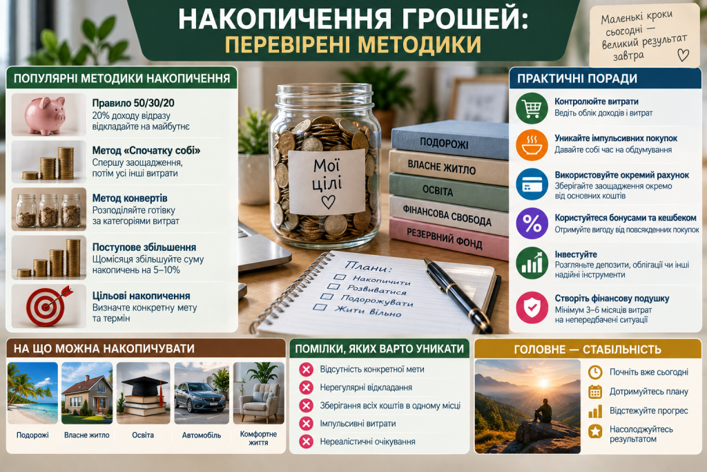 Інфографіка про способи накопичення грошей, контроль витрат, фінансові цілі, резервний фонд та популярні методи заощадження