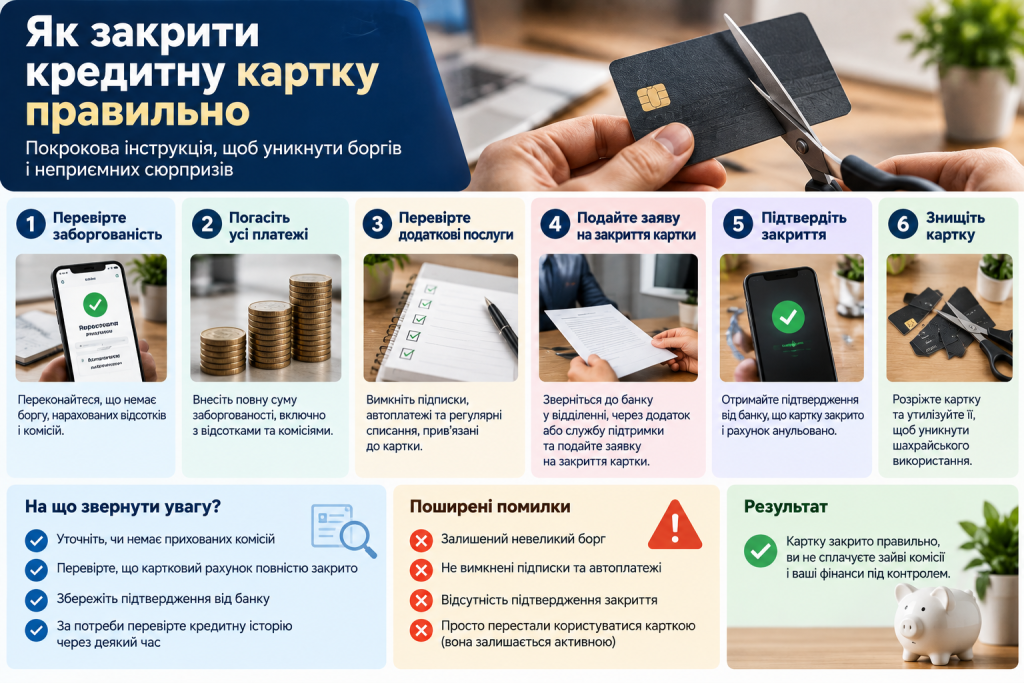 Інфографіка про закриття кредитної картки, погашення боргу, відключення послуг і підтвердження закриття рахунку