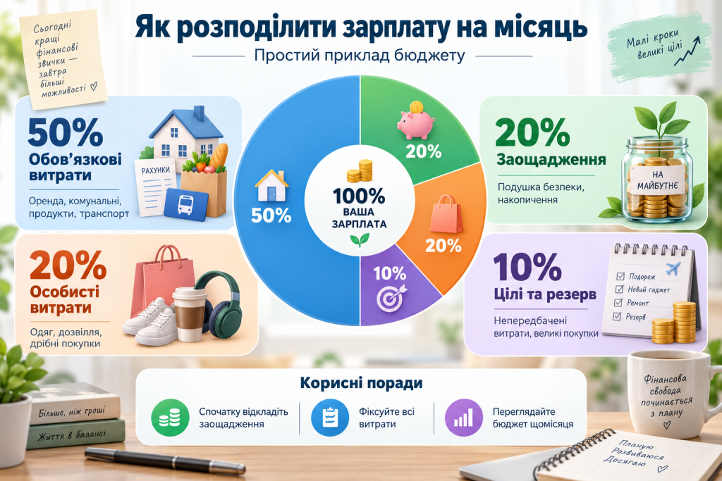 Інфографіка з прикладом розподілу місячної зарплати на обов'язкові витрати, особисті покупки, заощадження та фінансовий резерв.